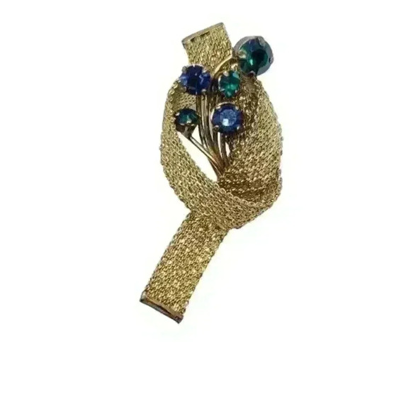 Vintage Brooch Mesh Ribbon Bow Blue & Green Rhinestone 1950s Gold Wash plated - Picture 2 of 10